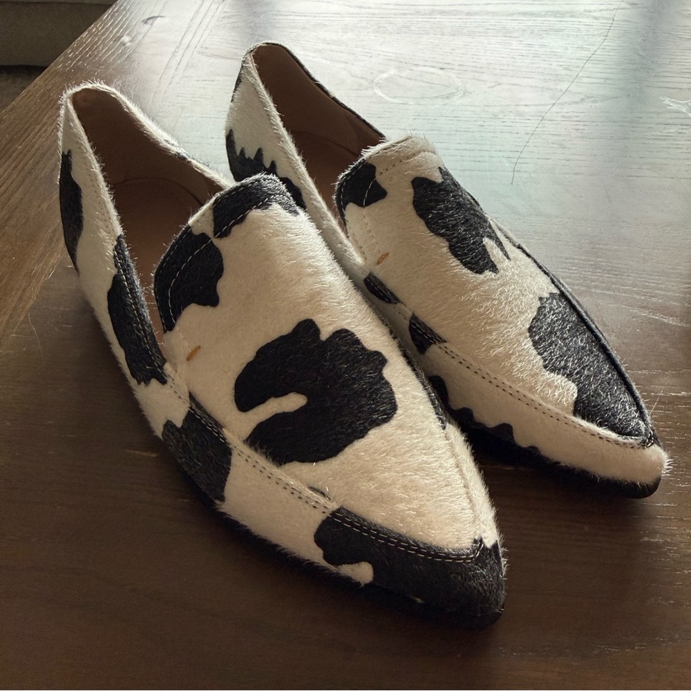 Cowhide Haircalf Loafers Black White Leather Slip On Shoes Women Size 34